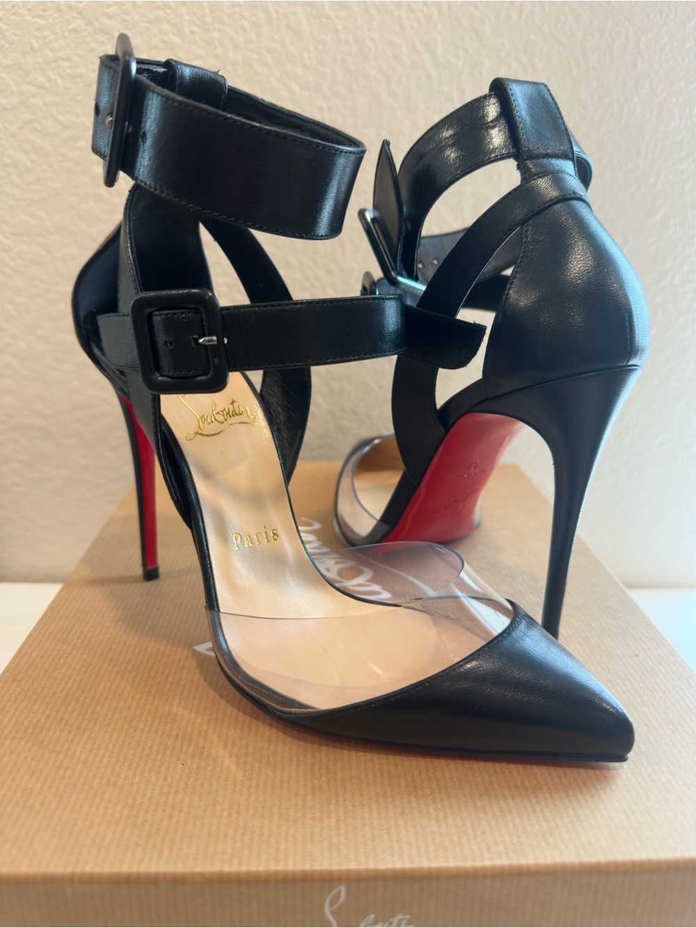 Christian Louboutin 100mm Black Leather Pointed-Toe Ankle-Strap Pumps
